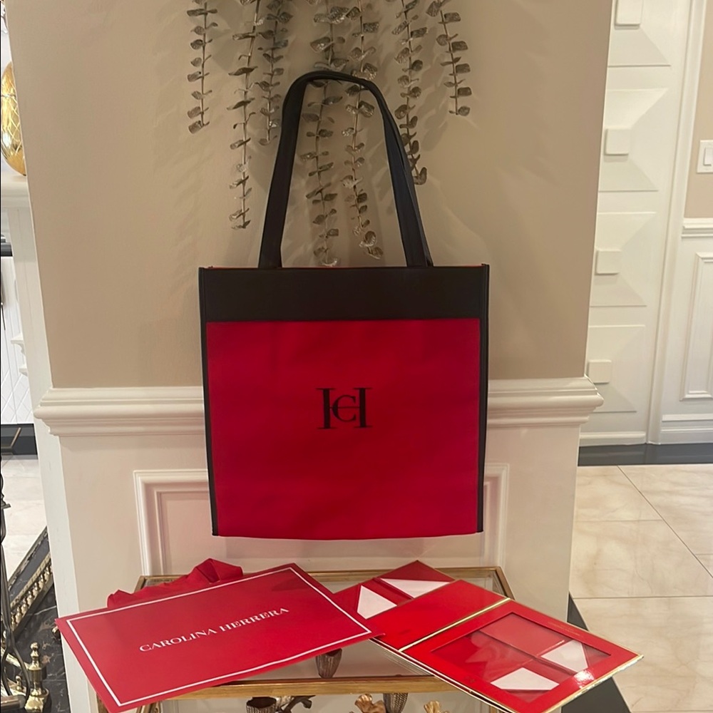Carolina Herrera Bold Red and Black Structured Travel Tote Bag